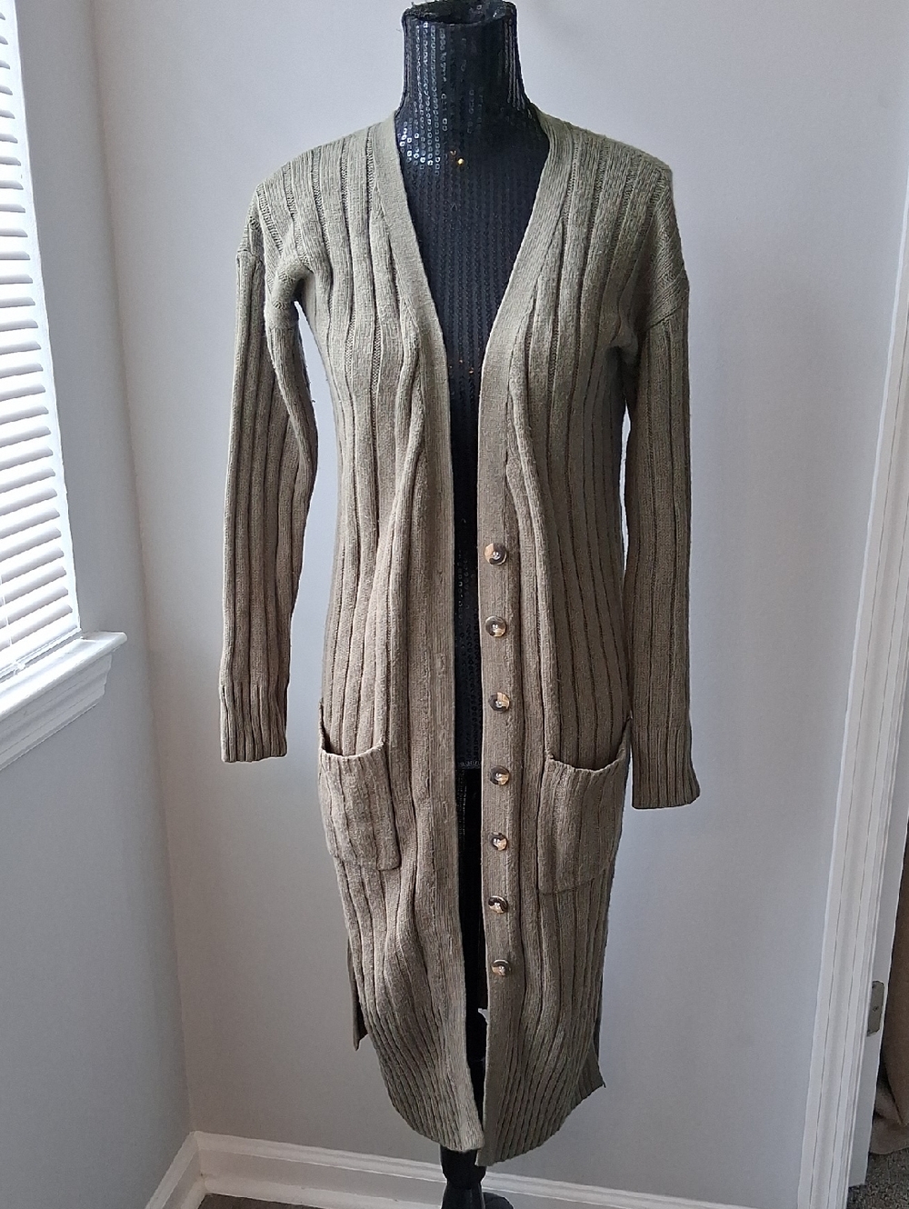 Hippie Rose Olive Ribbed Button-Front Long Cardigan